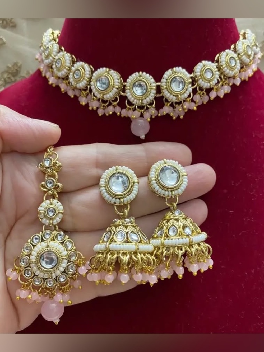 Gold-Tone White & Pink Kundan Choker Necklace with Jhumka Earrings